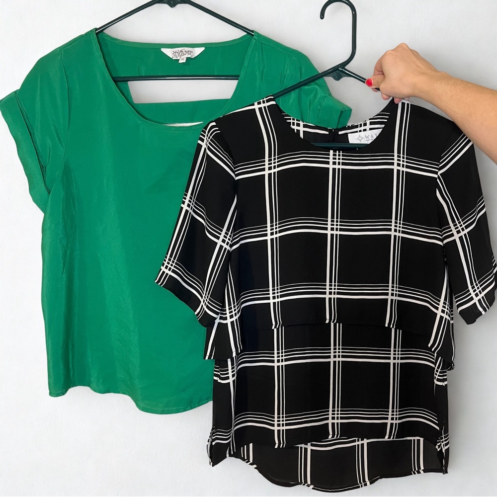 Set of 2: Solid Green, and Black/White Patterned Women's Tops